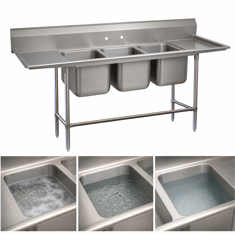 Product image #3 for Advance Tabco Regaline Floor Model 3-Compartment Sink with Left and Right-Hand Drainboards, 20 x 20-Inch Compartments, 14-Gauge 304 Stainless Steel