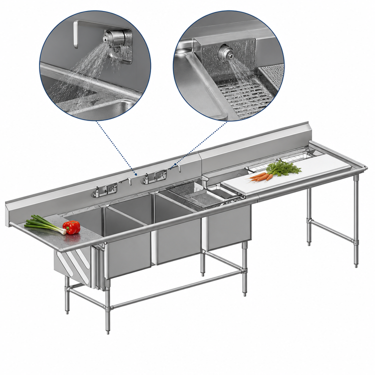 Product image #3 for Spec-Master FNP2860-3-18R-48TL Three-Compartment Prep Sink with Left Prep Area and Right Drainboard