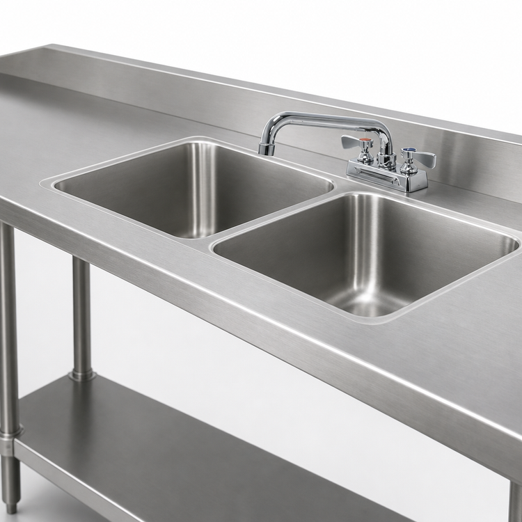 Product image #3 for Advance Tabco TA-11N-2 Double Bowl Welded Sink Into Table Top with Faucet and Basket Drains, 18" x 18" x 14" Bowls