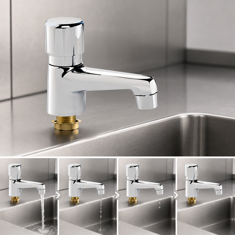 Product image #3 for Krowne Royal Series Single-Hole Deck Mount Self-Closing Metering Faucet, Polished Chrome, 1.5 GPM