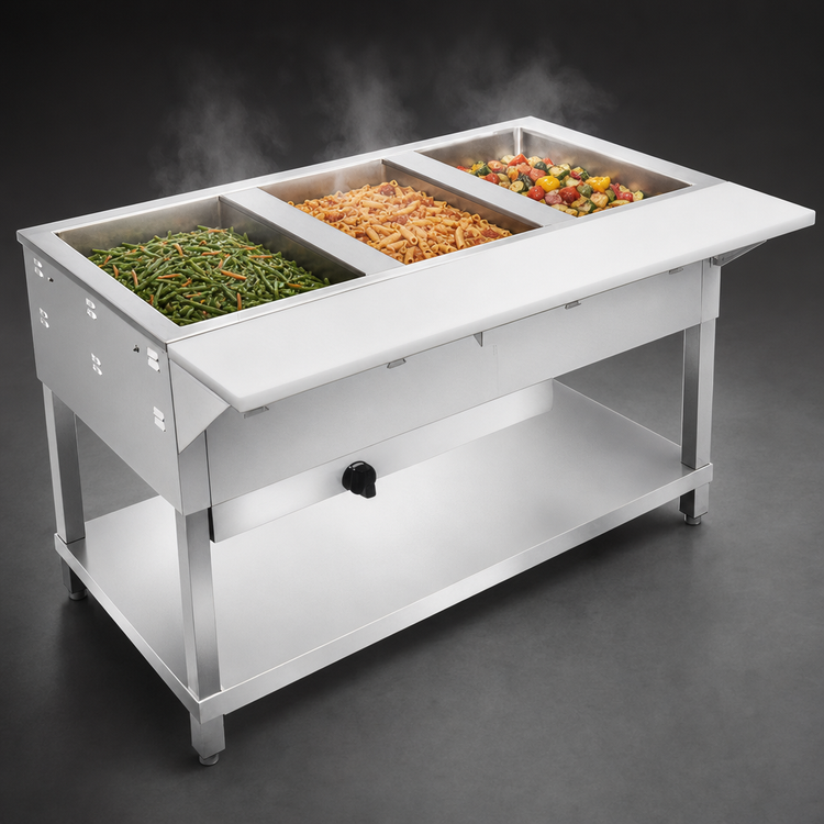 Product image #3 for Klinger's Trading WB3H 3-Well Gas Steam Table with Open Shelf Base and 8-Inch Cutting Board