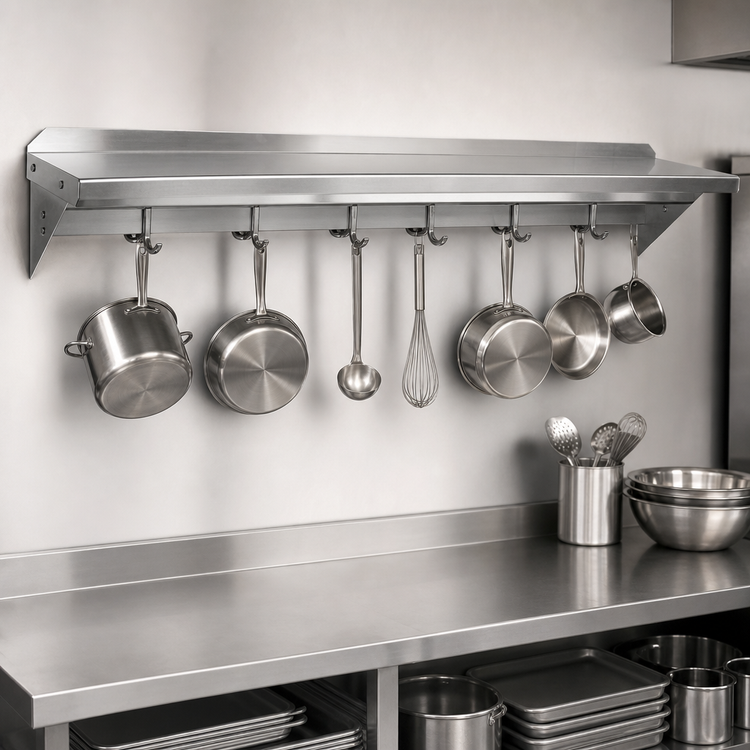 Product image #3 for John Boos Stallion 108-Inch Wall-Mount Stainless Steel Pot Rack Shelf with 9 Hooks, 16 Gauge