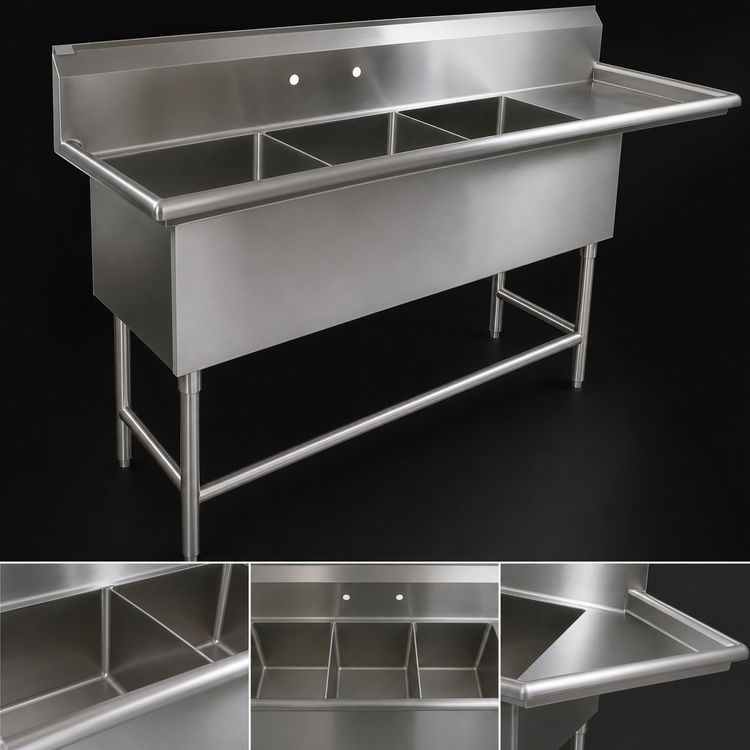 Product image #3 for John Boos Pro-Bowl 3-Compartment Sink with 18-Inch Right Drainboard, 70-3/16 Inch x 25-1/2 Inch, 14 Gauge Stainless Steel