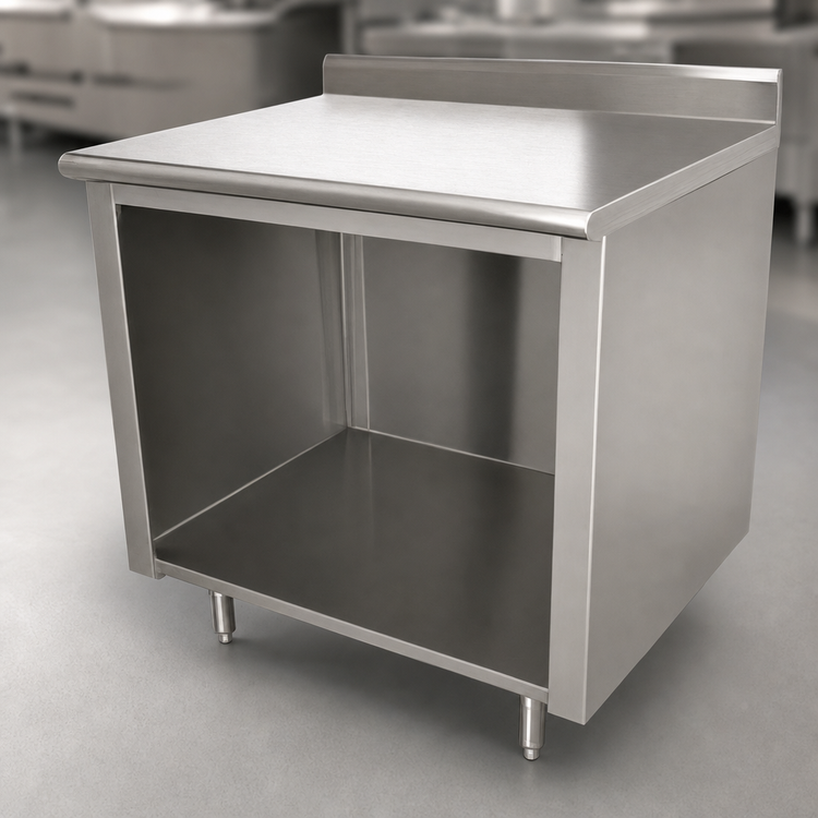 Product image #3 for Advance Tabco EK-SS-305 60" x 30" Open Front Cabinet Base Work Table with 5" Backsplash and 14 Gauge 304 Stainless Steel Top