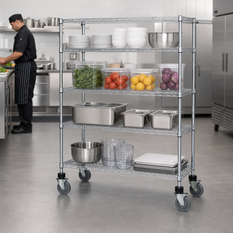 Product image #3 for Quantum 60-Inch x 18-Inch Chrome Mobile Wire Shelving Cart with 4 Shelves