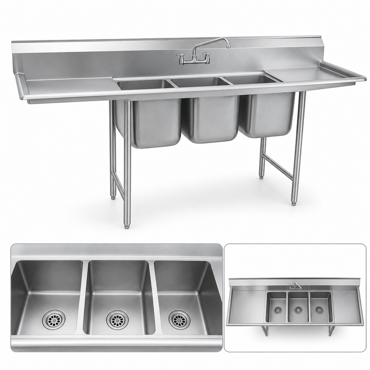 Product image #3 for Eagle Group 314 Series Floor Model 3-Compartment Sink with Left Drainboard, 304 Stainless Steel, 80-3/4 x 31-3/4 Inch
