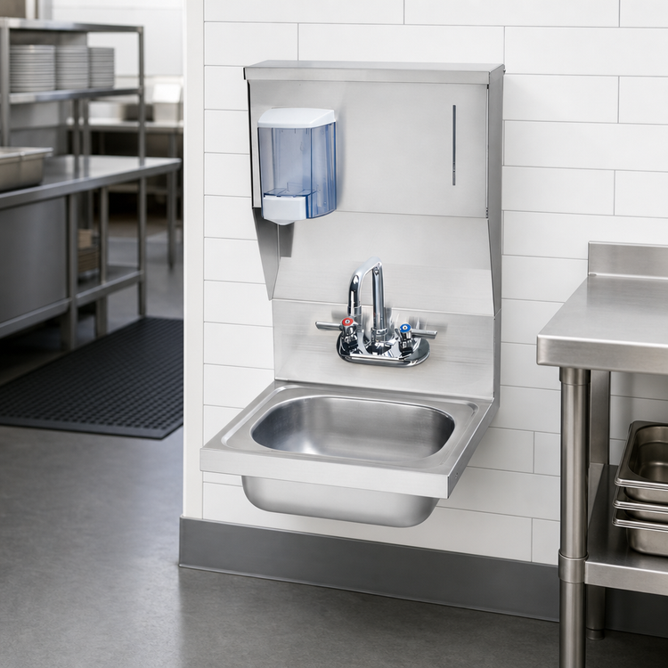 Product image #3 for Krowne Wall-Mount Stainless Steel Hand Sink with Gooseneck Faucet and Built-In Soap & Towel Dispenser