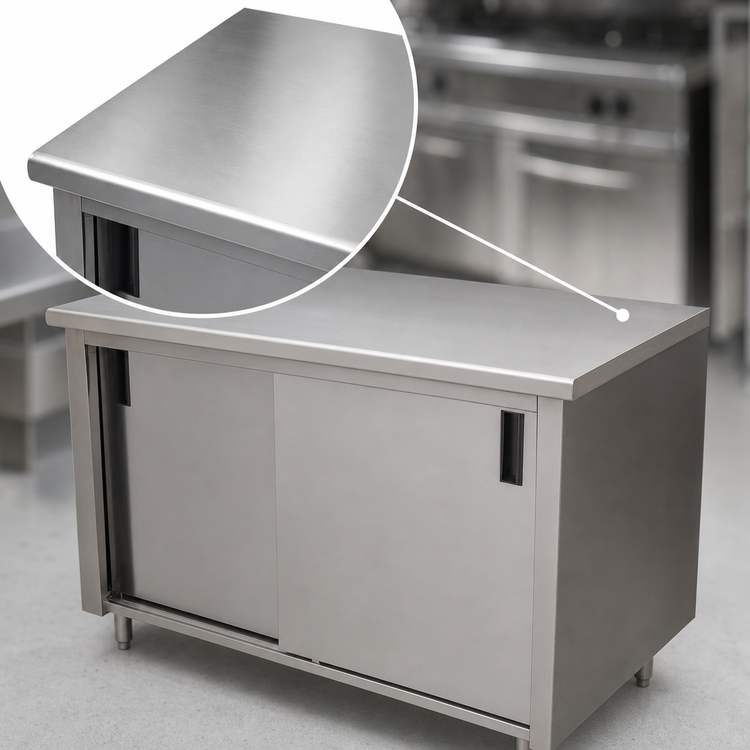 Product image #3 for Advance Tabco Special Value Economy Enclosed Work Table with Cabinet Base, Mid-Shelf, Sliding Doors, and 16 Gauge 304 Stainless Steel Top, 96 x 30 Inch