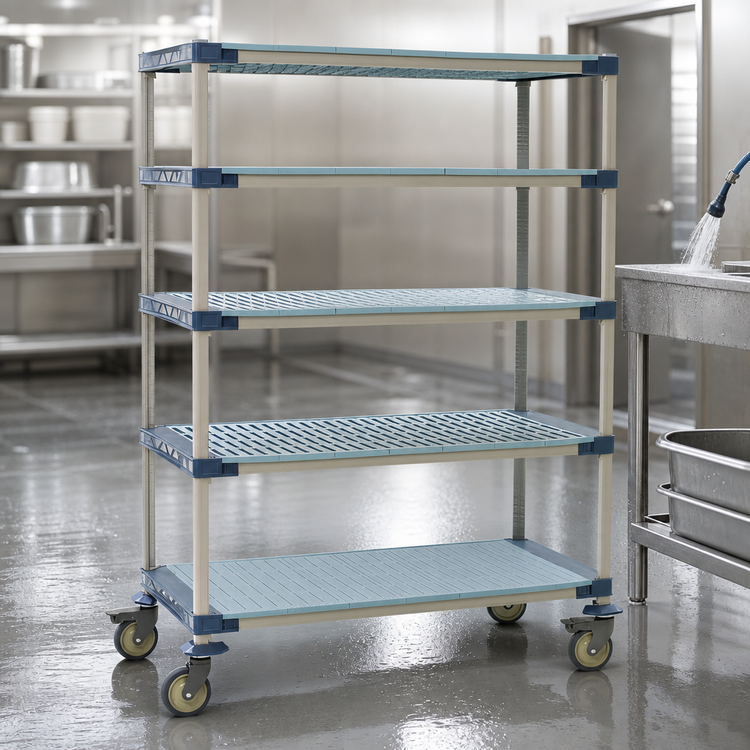 Product image #3 for MetroMax 4 5-Tier Mobile Starter Polymer Shelving Unit with 4 Open Grid Shelves and 1 Solid Shelf, 60 x 18 x 80 Inches, Blue