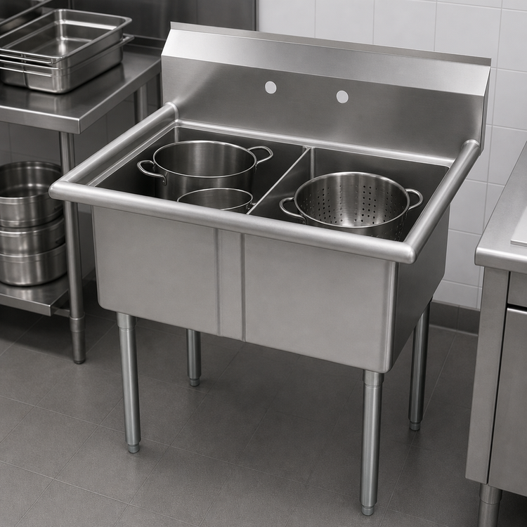 Product image #3 for Omcan USA 2-Compartment Pot Sink with 21" x 18" x 14" Bowls, 304 Stainless Steel, No Drainboard