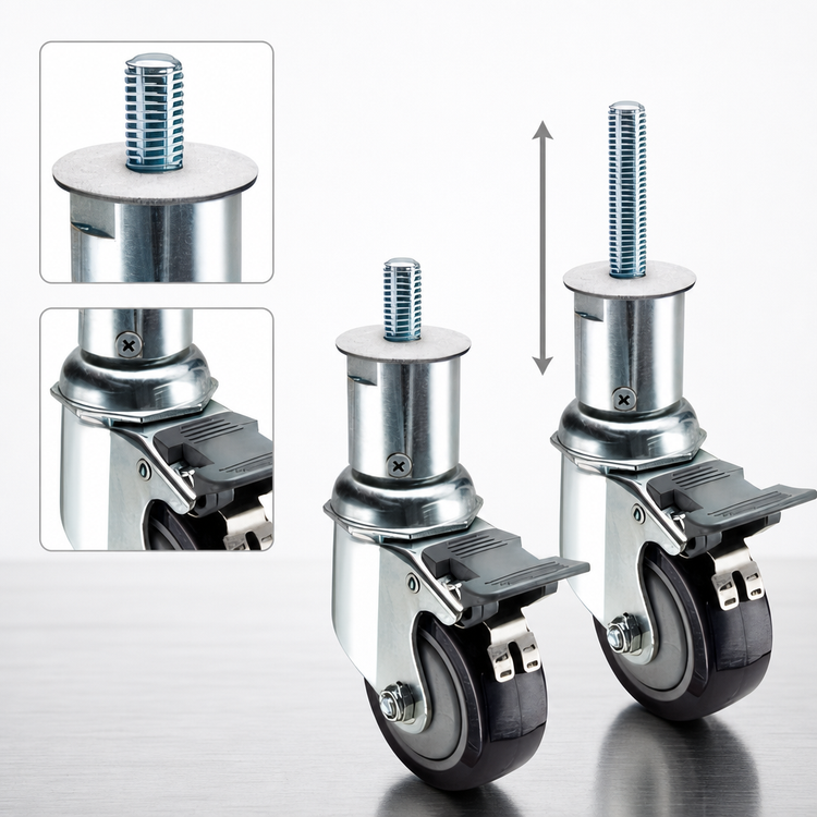 Product image #3 for Krowne Royal Series Adjustable Height 3-Inch Swivel Threaded Stem Caster with Brake, Grease Resistant