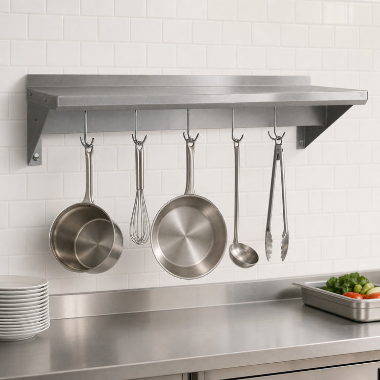 Product image #3 for BK Resources Economy Wall-Mount Stainless Steel Overshelf with Pot Rack, 72-Inch x 12-Inch