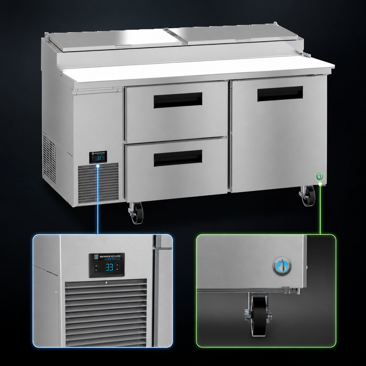 Product image #3 for Hoshizaki Steelheart 67-Inch Two-Section Pizza Prep Table with One Door and Two Drawers