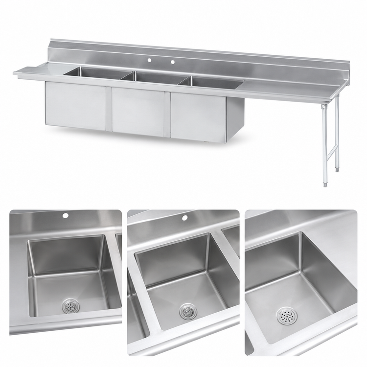 Product image #3 for Advance Tabco 119-Inch Right-Hand 3-Compartment Sink Dishtable with 18" x 24" Bowls and 53" Left Drainboard