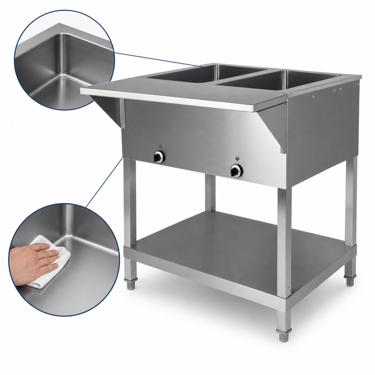 Product image #3 for Klinger's Trading SW4H208 4-Pan Sealed Well Electric Steam Table, Stationary Floor Model with Open Shelf Base