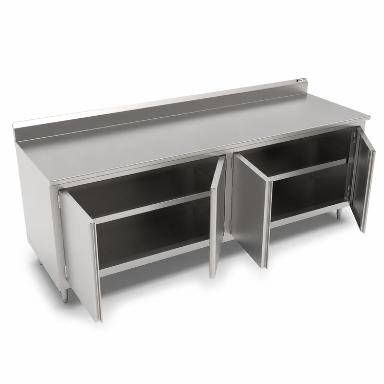 Product image #3 for John Boos Enclosed Stainless Steel Work Table with Hinged Doors, 120"W x 24"D, 14-Gauge Top, 5" Backsplash