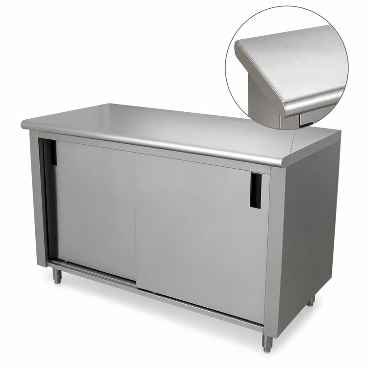 Product image #3 for Advance Tabco 144-Inch x 24-Inch 14-Gauge 304 Stainless Steel Enclosed Work Table with Cabinet Base, Mid-Shelf, and Sliding Doors