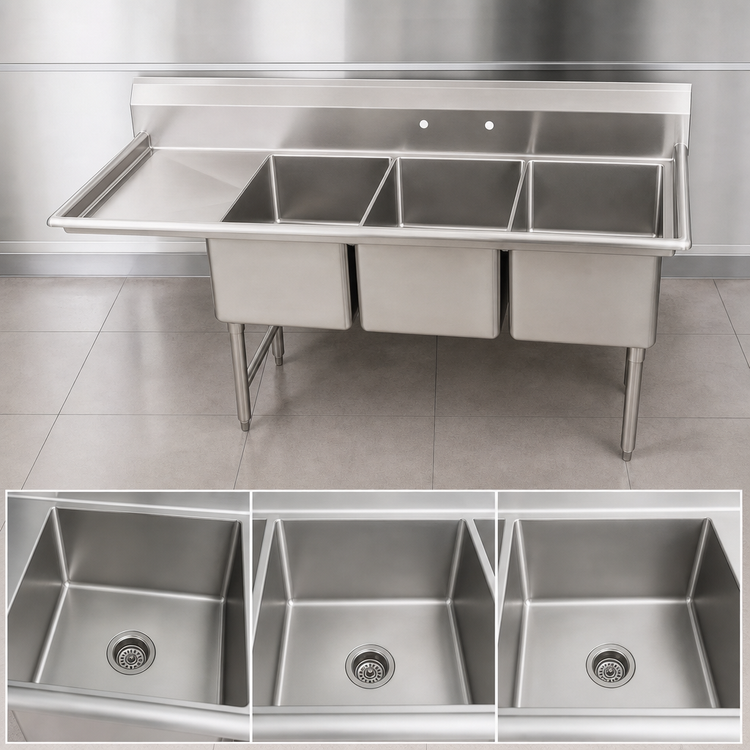 Product image #3 for Klinger's Trading Economy Three-Compartment Stainless Steel Sink with Left Drainboard, 78-Inch Wide