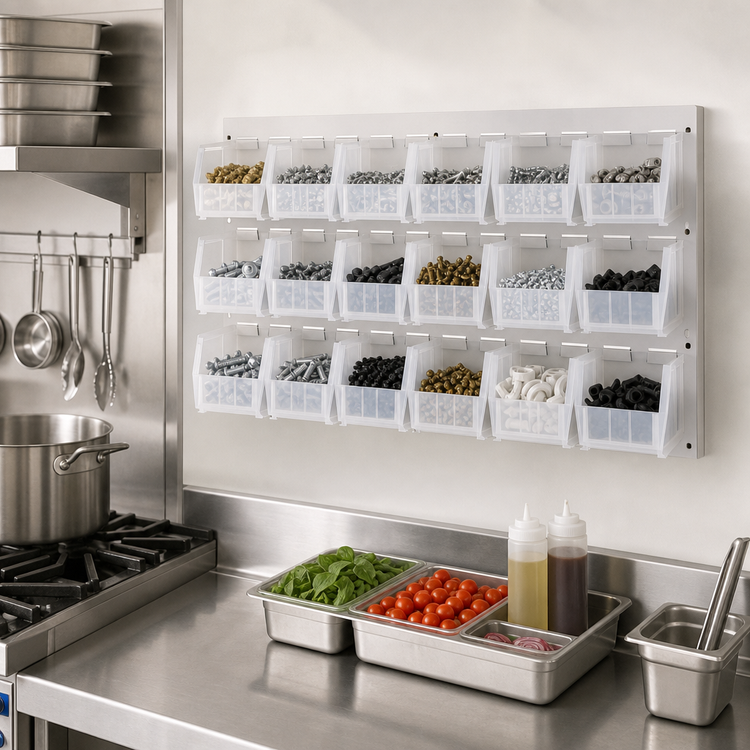 Product image #3 for Quantum Wall-Mounted Louvered Panel Starter Unit with 18 Clear Bins, 36 x 11 x 19 Inches