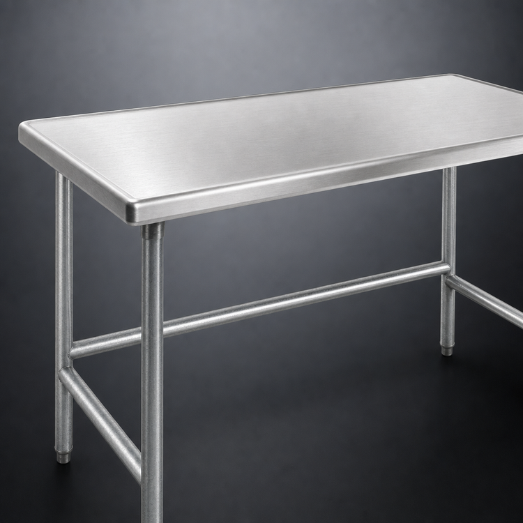 Product image #3 for Advance Tabco 144-Inch x 30-Inch 14-Gauge 304 Stainless Steel Work Table with Countertop/Marine Edge and Open Galvanized Base