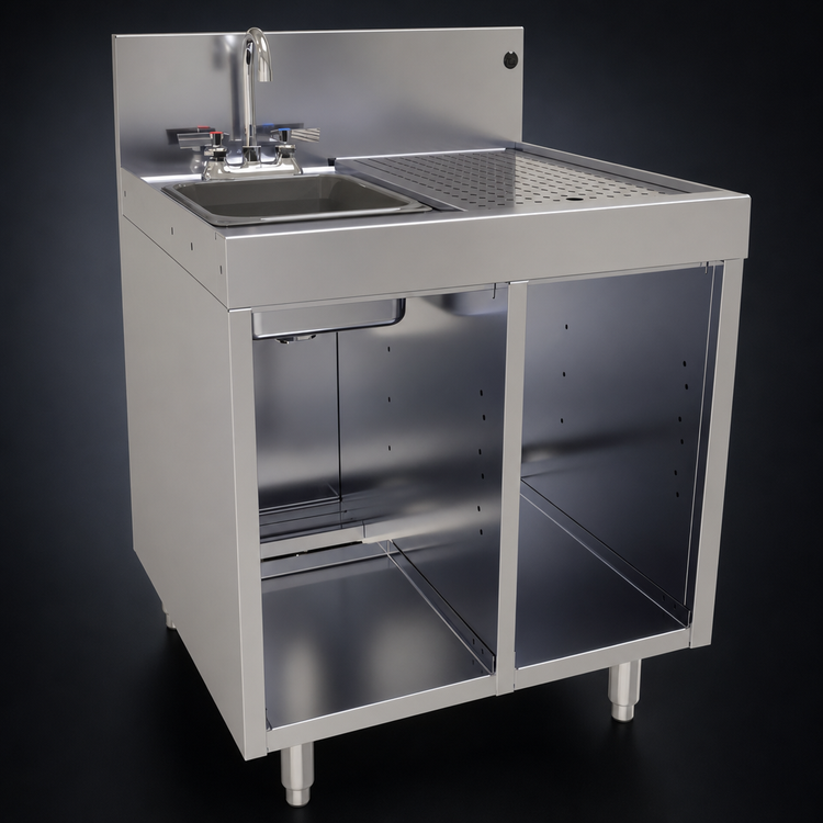 Product image #3 for Glastender Underbar Wet Waste Sink Cabinet Base with Open Front, 24 x 24 Inch, Left Sink Compartment, Right Drainboard