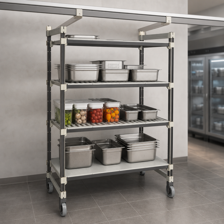 Product image #3 for Cambro Camshelving Elements XTRA High Density Top Rail Mobile Starter Unit, 24"D x 54"L x 80"H, 4-Tier, 3 Vented + 1 Solid, Speckled Gray