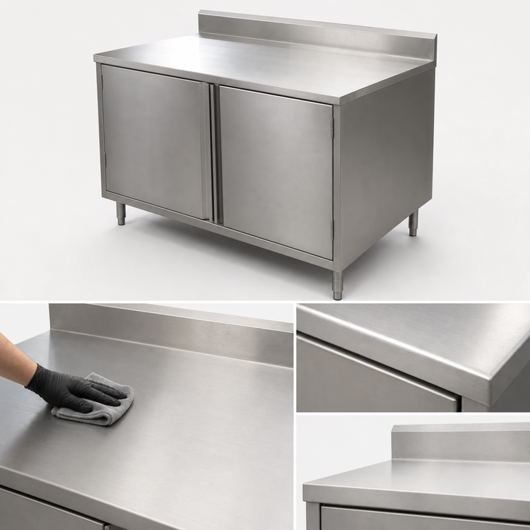Product image #3 for BK Resources 36 x 30 Inch Stainless Steel Enclosed Work Table with Cabinet Base, Hinged Doors, and 5-Inch Backsplash