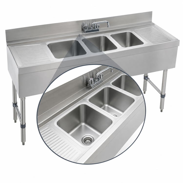 Product image #3 for Advance Tabco Underbar Basics 3-Compartment Stainless Steel Bar Sink Unit with Deck-Mount Faucet and Dual Drainboards, 60" W x 21" D
