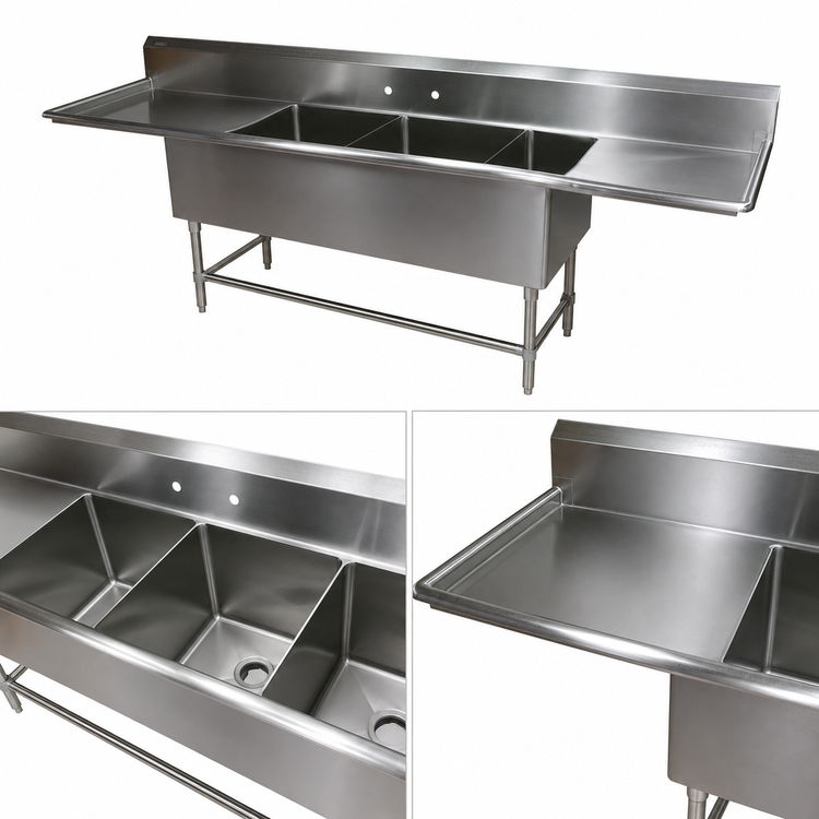 Product image #3 for John Boos Pro-Bowl 3-Compartment Sink with Dual Drainboards, 16" x 18" x 12" Bowls