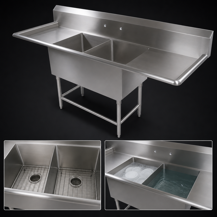 Product image #3 for John Boos Pro-Bowl 2-Compartment 14-Gauge Stainless Steel Sink with Left and Right Drainboards, 71-1/4 Inch x 25-1/2 Inch