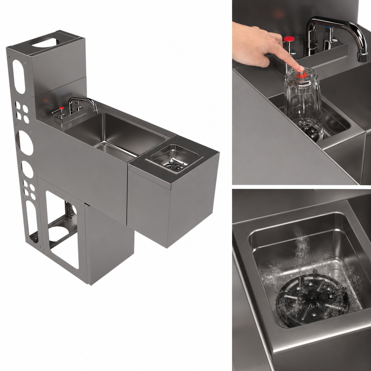 Product image #3 for BK Resources 12-Inch Underbar Glass Rinser Hand Sink with Push-Down Rinser and Faucet