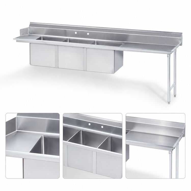 Product image #3 for Advance Tabco 3-Compartment Sink Dishtable with 11-Inch Right Drainboard, 83-Inch Wide