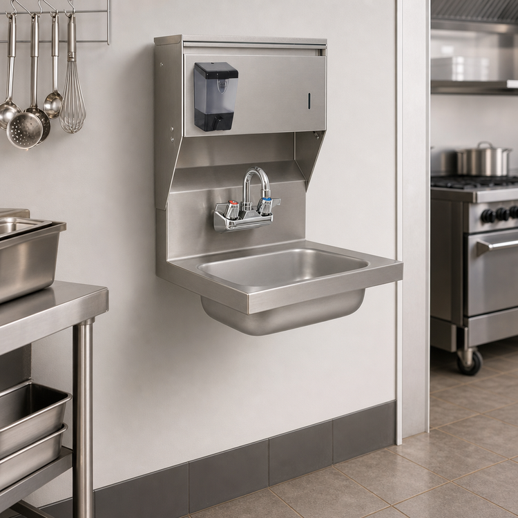 Product image #3 for BK Resources Wall-Mount Hand Sink with Towel Dispenser and Faucet, 14" x 10" Bowl, 304 Stainless Steel