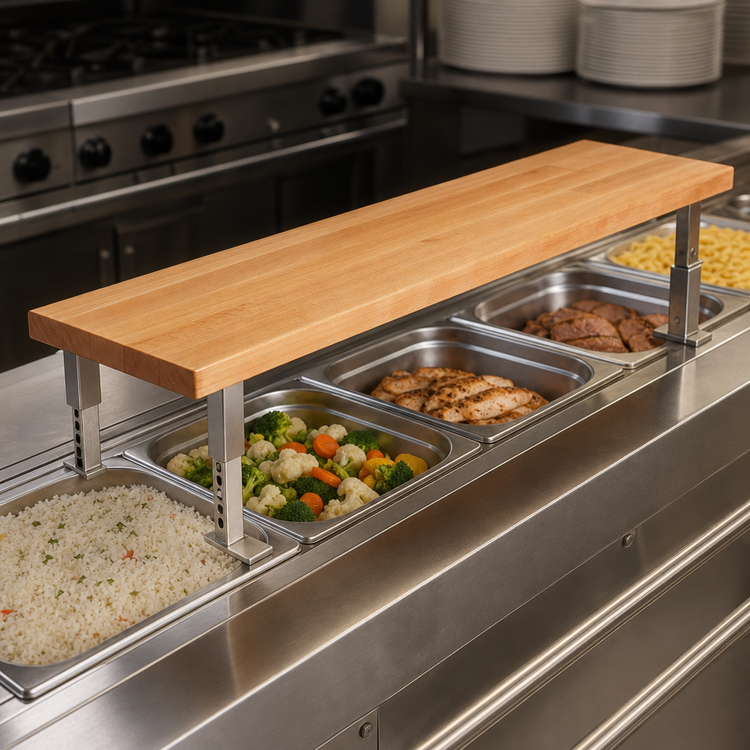 Product image #3 for John Boos 72" x 8" x 1-1/4" Edge Grain Northern Hard Rock Maple Steam Table Cutting Board with Adjustable Stainless Steel Supports
