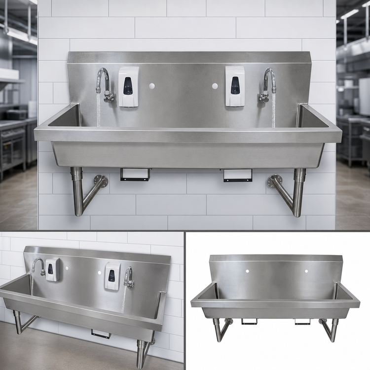 Product image #3 for BK Resources 48-Inch Two-Station Wall-Mounted Stainless Steel Handwash Sink with Knee Valve Bracket