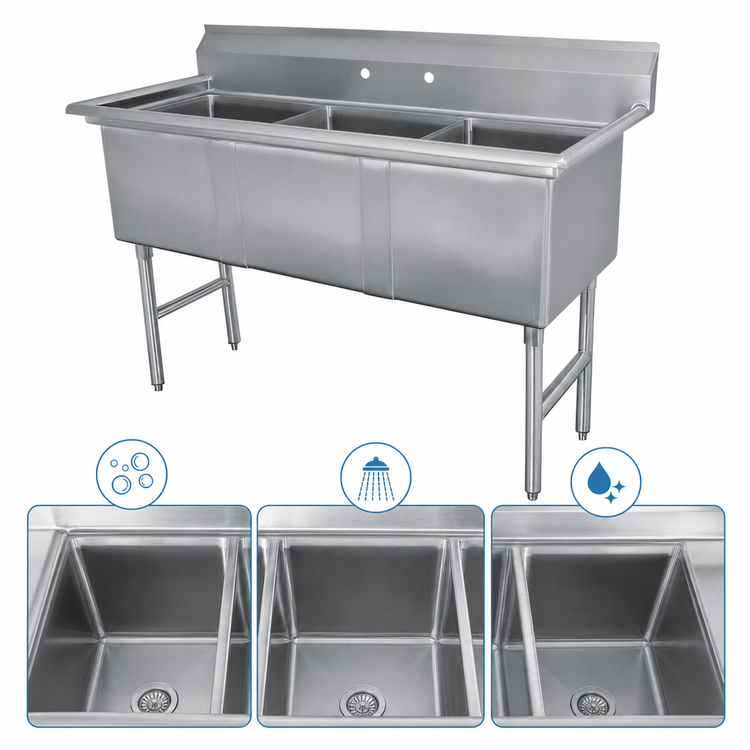 Product image #3 for Advance Tabco FC-3-1824 59-Inch 3-Compartment Fabricated Sink, 16 Gauge 304 Stainless Steel, No Drainboards