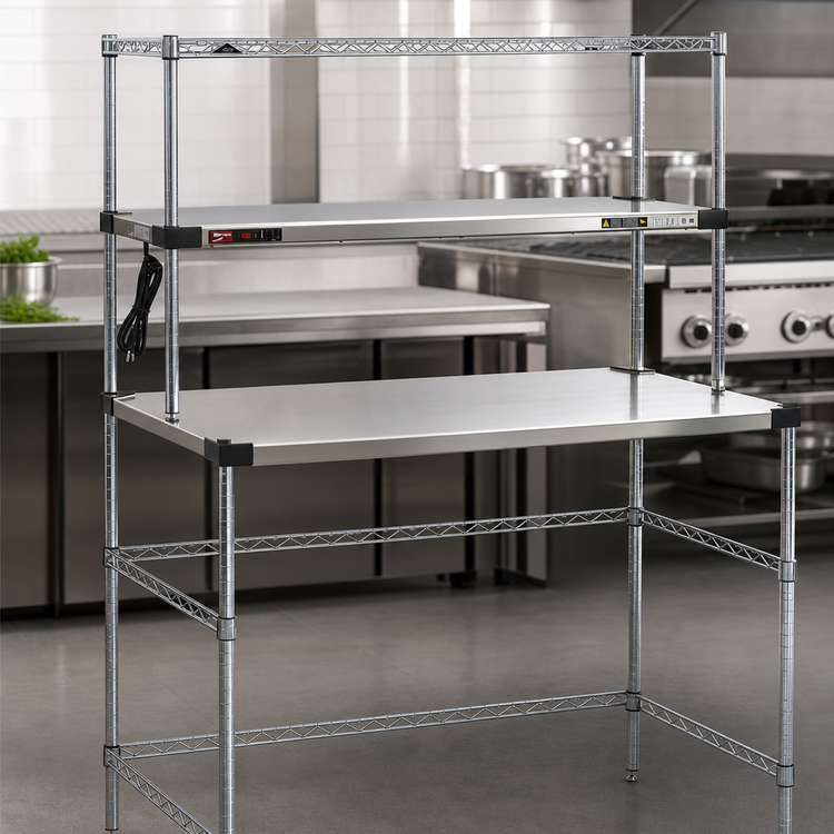 Product image #4 for Metro Super Erecta HOT 48-Inch x 24-Inch Stainless Steel Heated Workstation with Open Base and Wire Overshelf