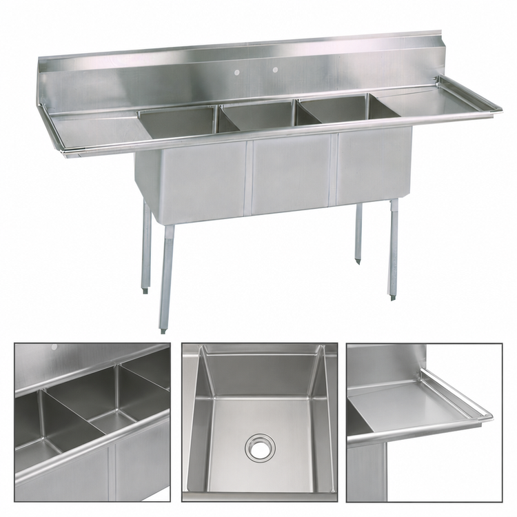Product image #3 for BK Resources 84-Inch 3-Compartment Stainless Steel Sink with Left & Right Drainboards