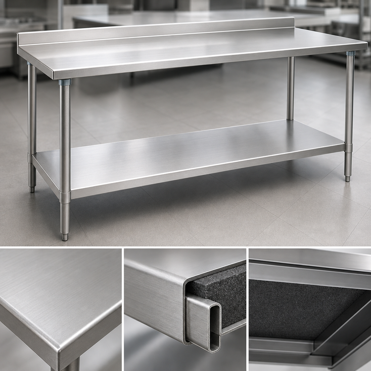 Product image #3 for Eagle Group Budget Series 144-Inch x 36-Inch 430 Stainless Steel Work Table with 4-1/2-Inch Backsplash and Adjustable Undershelf
