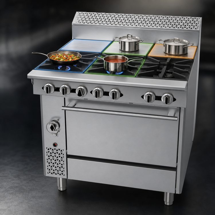 Product image #3 for Garland Cuisine Series 36-Inch Heavy Duty Gas French Top Range with Convection Oven, 3 Open Burners and 3 Hot Tops
