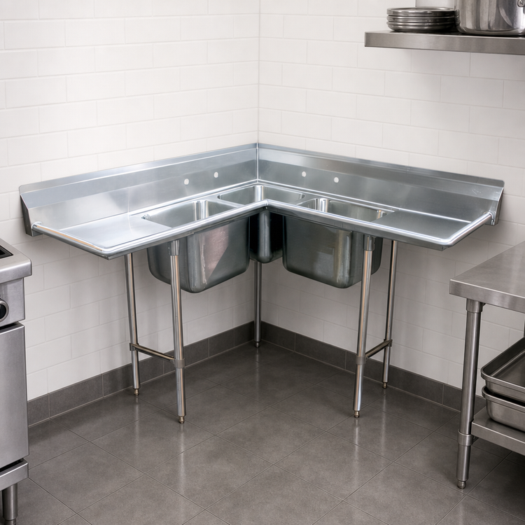 Product image #3 for Advance Tabco 3-Compartment Corner Sink with Dual Drainboards, 8-Inch Backsplash, 16 Gauge 304 Stainless Steel