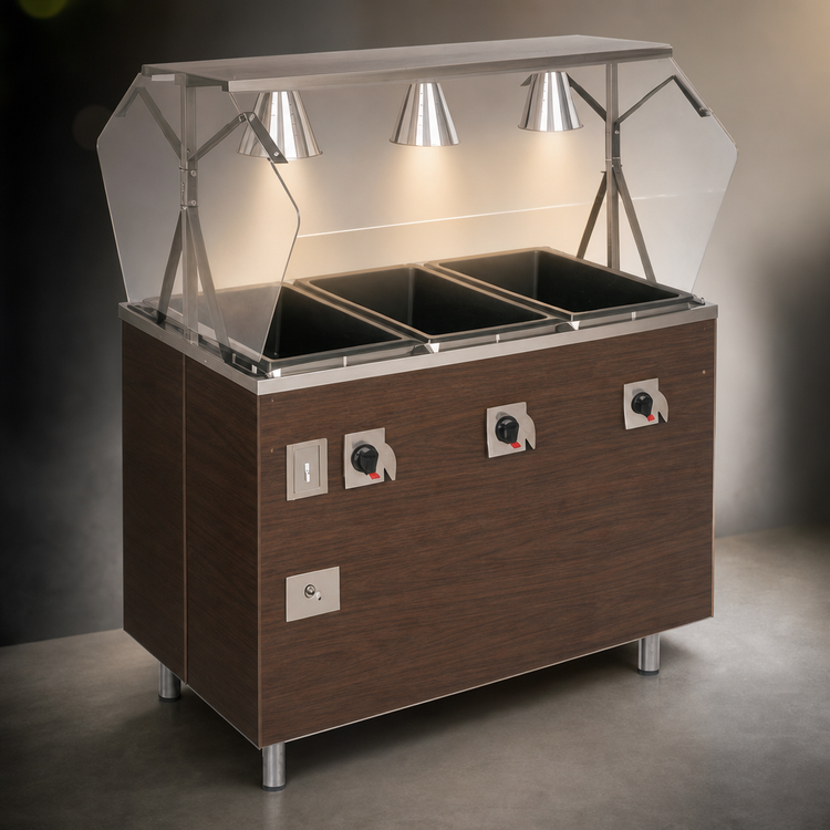 Product image #3 for Vollrath 2-Series Affordable Portable 3-Well Mobile Hot Food Station with Lighted Buffet Breath Guard and Enclosed Base, Walnut Woodgrain