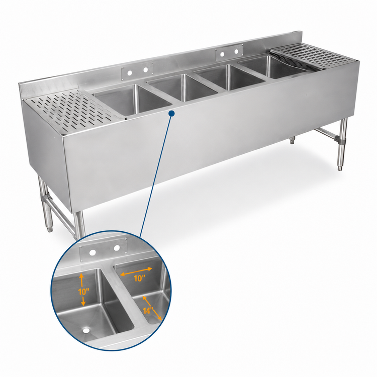 Product image #3 for John Boos Slim-Line 84-Inch Wide 4-Compartment Underbar Sink Unit with Dual Drainboards