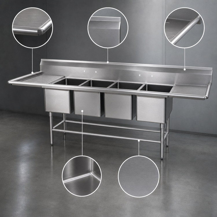 Product image #3 for Eagle Group Spec-Master FN Series Four-Compartment Stainless Steel Commercial Sink with Left & Right 30-inch Drainboards