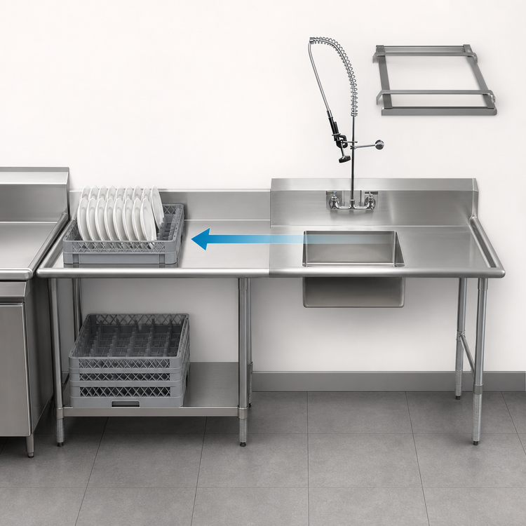 Product image #3 for BK Resources 26" Straight Soiled Dishtable with Pre-Rinse Sink and Faucet, Right-to-Left