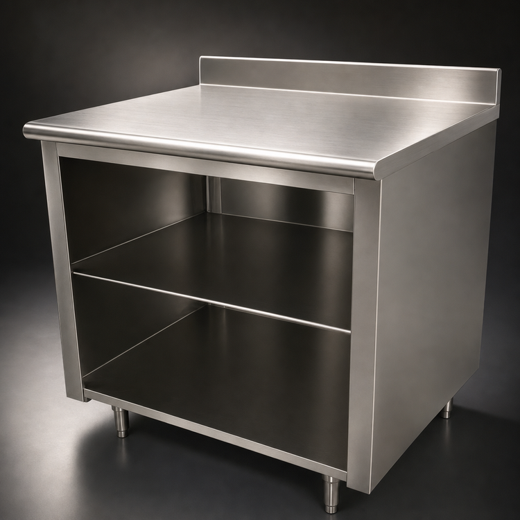 Product image #3 for Advance Tabco 72" x 36" Stainless Steel Work Table with Open Front Cabinet Base, Mid-Shelf, and 5" Backsplash