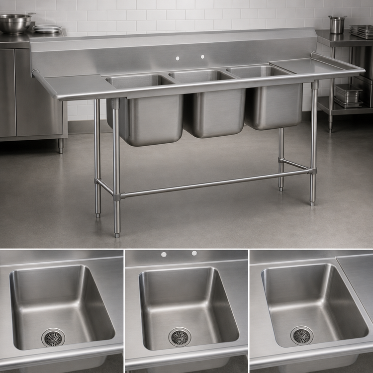 Product image #3 for Advance Tabco Regaline 3-Compartment Sink with Left & Right Drainboards, 20 x 28 Bowls