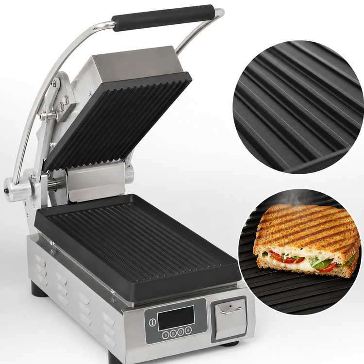 Product image #3 for Pro-Max 2.0 7.5-Inch x 14.2-Inch Grooved Cast Iron Countertop Panini Press Sandwich Grill, 230V