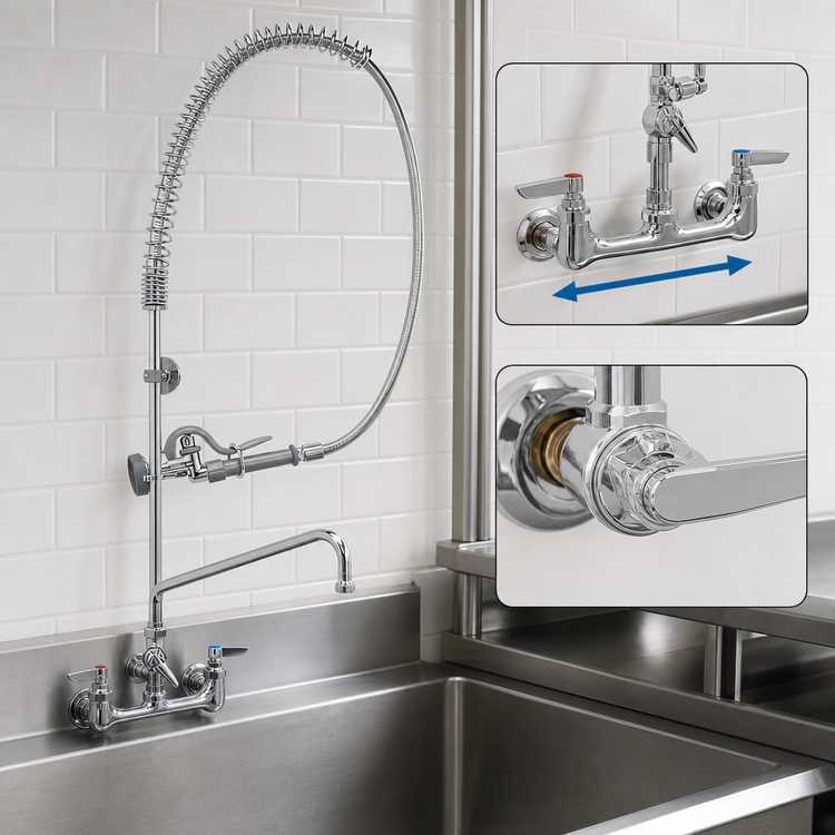Product image #3 for T&S Brass EasyInstall 8" Adjustable Wall-Mount Pre-Rinse Unit with Add-On Faucet, 18" Swing Nozzle and 44" Hose