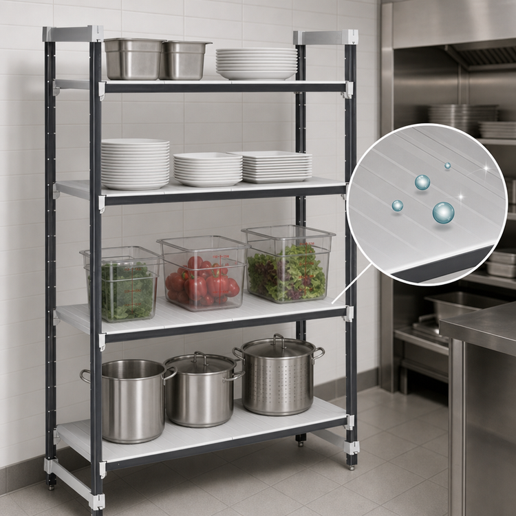 Product image #3 for Cambro Camshelving Elements XTRA 4-Tier Solid Stationary Starter Polymer Shelving Unit, 72W x 18D x 84H, Speckled Gray